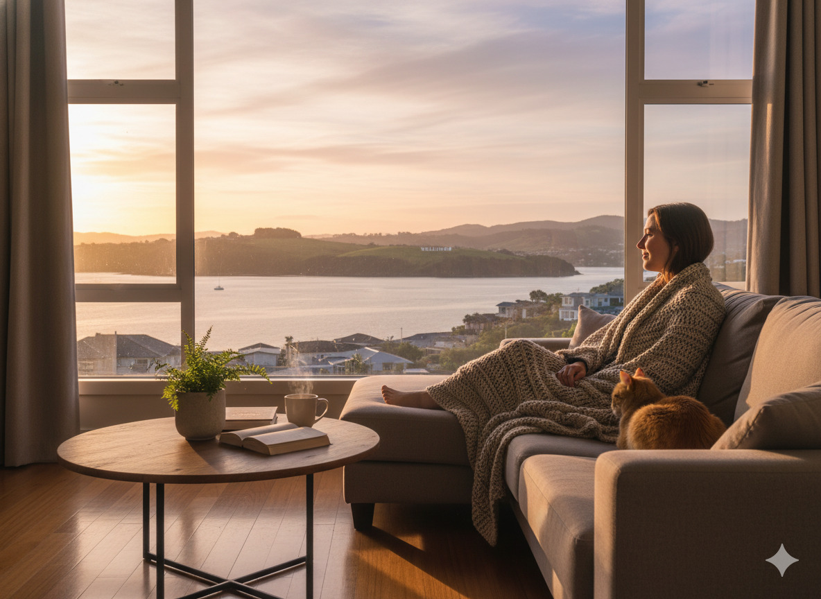 Person enjoying a calm morning at home in Wellington, New Zealand